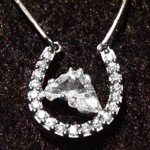 Platinum and diamond horseshoe necklace with horse head cut diamond in cent