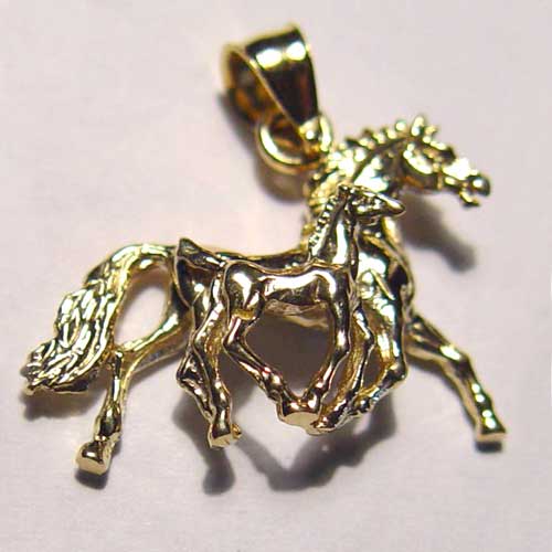 gold 3D mare and foal trotting pendant