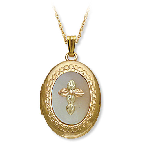 Landstrom's Black Hills Gold locket with cross over Mother of Pearl