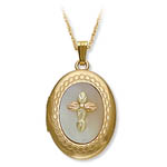 Landstrom's Black Hills Gold locket with cross over Mother of Pearl