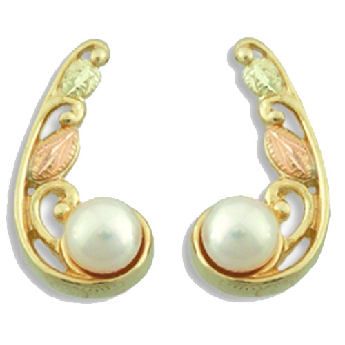 Landstrom's Black Hills Gold pearl and leaf post earrings