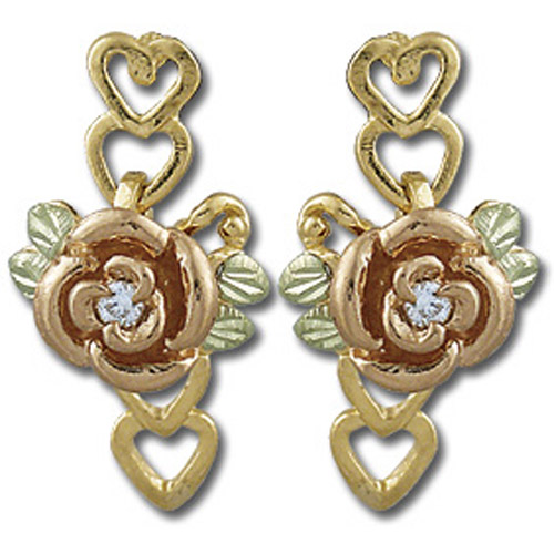 Landstrom's Black Hills Gold rose and heart and diamond earrings