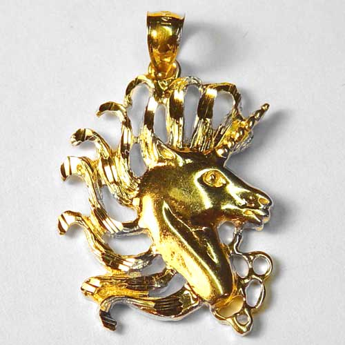 gold unicorn head with flowing mane pendant