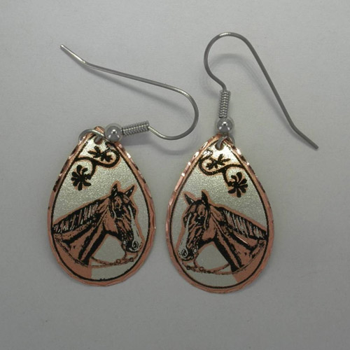 Copper horse head in bridle with diamond cut edging earrings