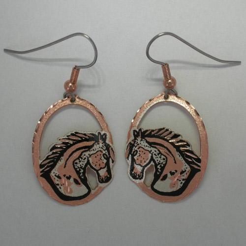 Copper oval horse head dangle earrings
