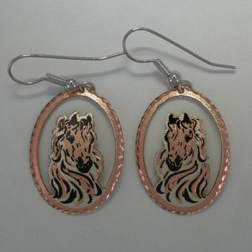 Copper horse head with long mane dangle earrings