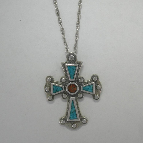 Sterling Silver Turquoise and Coral cross necklace