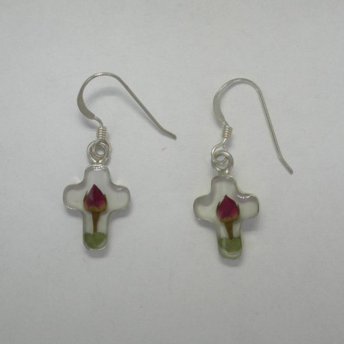 Sterling Silver white cross with rose flower earrings