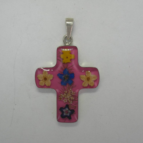 Sterling Silver medium pink cross with wildflowers pendant