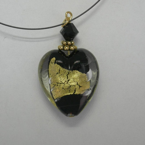 Venetian Glass Black and Gold heart on nylon cord necklace