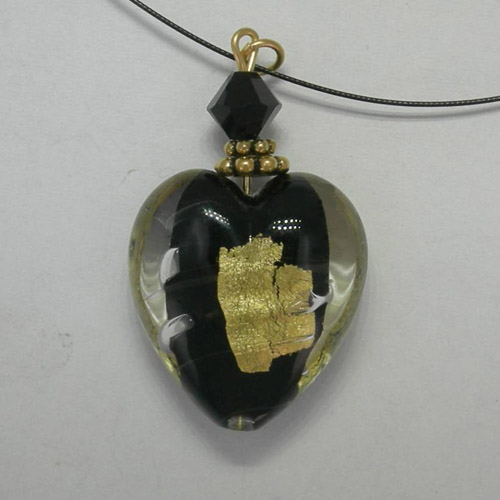 back side of Venetian Glass black and gold heart on nylon cord necklace