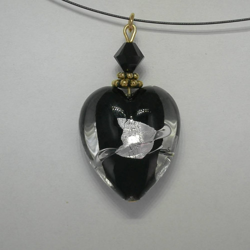 Venetian Glass Clear and Black and SIlver heart on nylon cord necklace