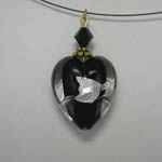 Venetian Glass Clear and Black and SIlver heart on nylon cord necklace