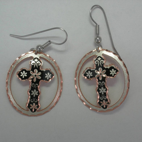 Copper and enamel cross dangle earrings