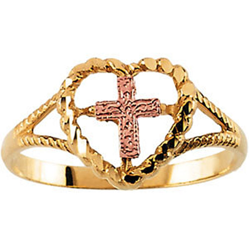 14 karat yellow and rose gold cross and heart ring