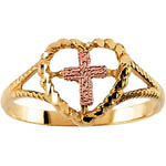 14 karat yellow and rose gold cross and heart ring