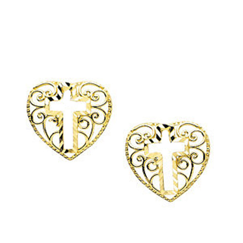 14 karat yellow gold filigree cross and heart post earrings