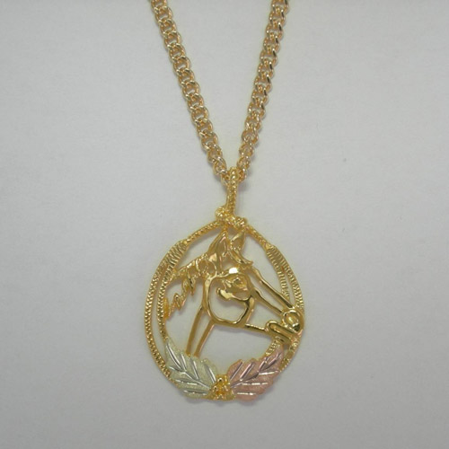 Black Hills Gold horse head and leaves necklace