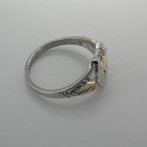 Side view of Black Hills Gold Sterling Silver horse head in horseshoe ring