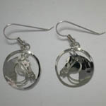 Rhodium plated bridled horse head in circle dangle earrings