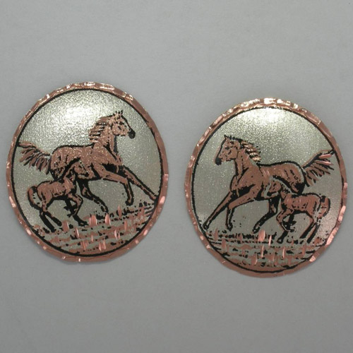 Copper mare and foal circular stud earrings