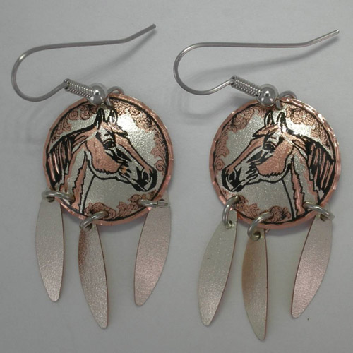 Copper horse head earrings with feather dangles