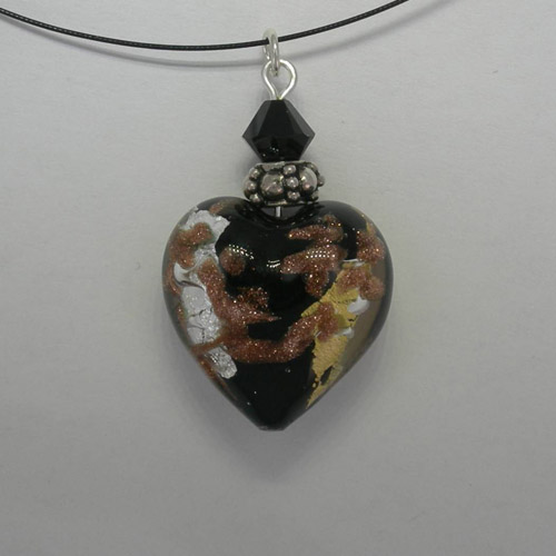 Venetian Glass black and gold and silver and copper heart necklace