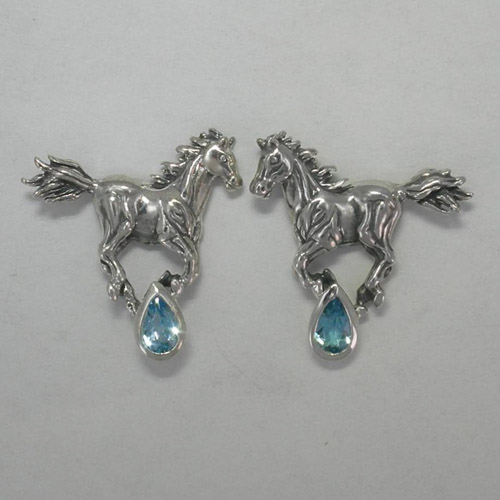 Sterling Silver galloping horse with Blue Topaz post earrings