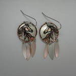 Copper mare and foal round earrings with feather dangles