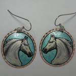Copper painted white horse circular earrings
