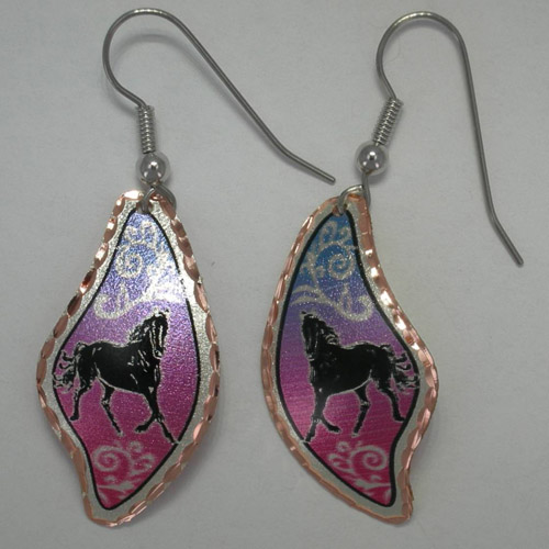 Copper abstract shaped black horse painted dangle earrings