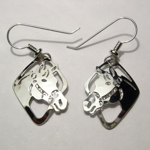 Rhodium plated horse head in halter dangle earrings