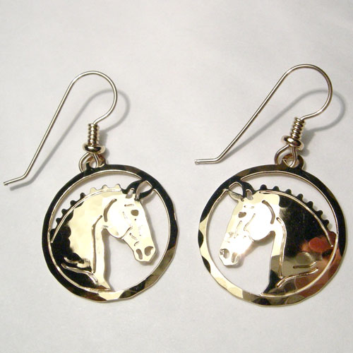 gold plated Dressage horse head dangle earrings