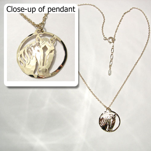 gold plated horsehead with blaze in circle necklace