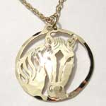 gold plated horsehead with blaze in circle necklace