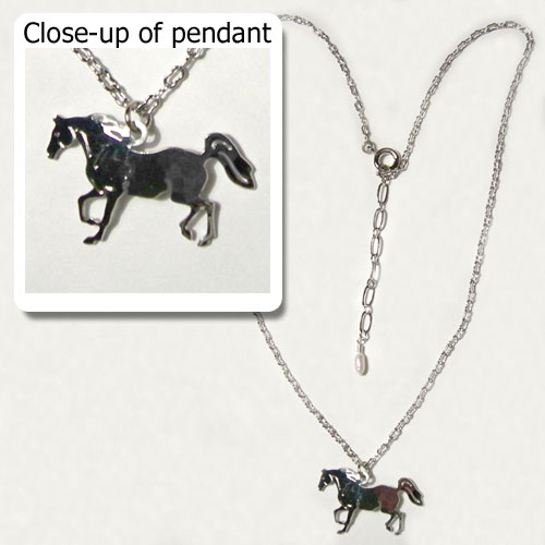 Rhodium plated cantering horse necklace