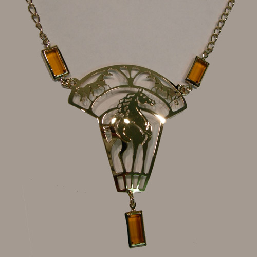 14 kt. y.g. plated three horse necklace with amber color crystals