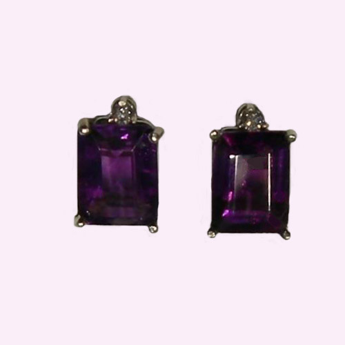 14 kt.w.g. emerald cut amethyst and diamond earrings