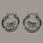 Sterling Silver hoop earrings with a trotting horse inside hoop
