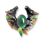 Enamel two horseheads with chrysoprase brooch