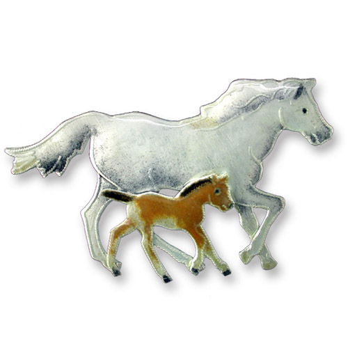 Enamel trotting mare and foal brooch