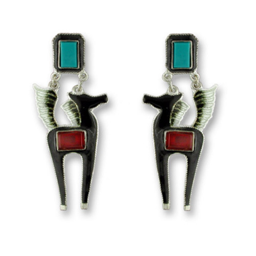 Enamel black horse and Carnelian and Turquoise earrings