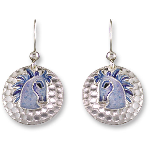Enamel horsehead on circular disc earrings