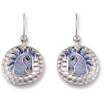 Enamel horsehead on circular disc earrings