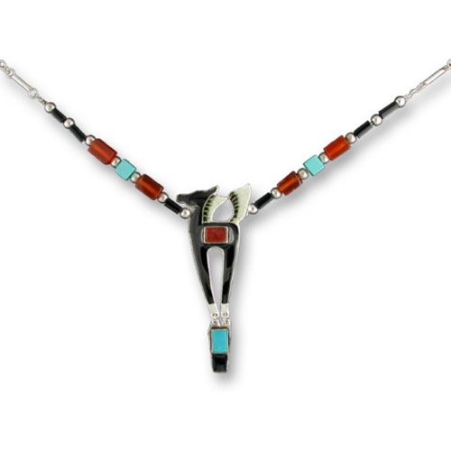 Enamel black horse and Carnelian and Turquoise necklace