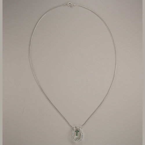 Sterling Silver Cubic Zirconia and emerald cross inside horseshoe necklace