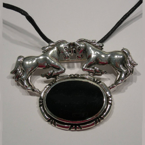 Sterling Silver double horses and Black Onyx pin/pendant