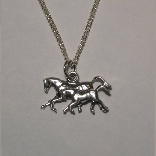 Sterling Silver galloping mare and foal necklace