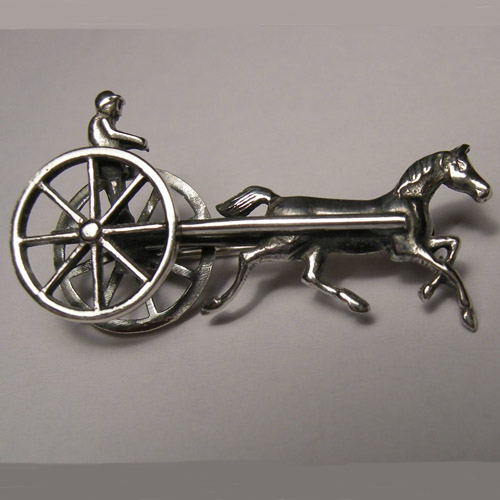 Sterling Silver Standardbred race horse and sulky brooch