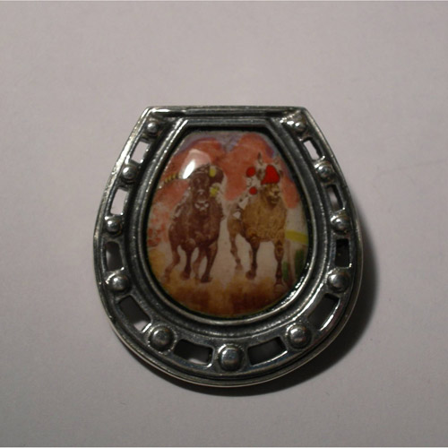 Sterling Silver enamel Seabiscuit match race in horseshoe brooch